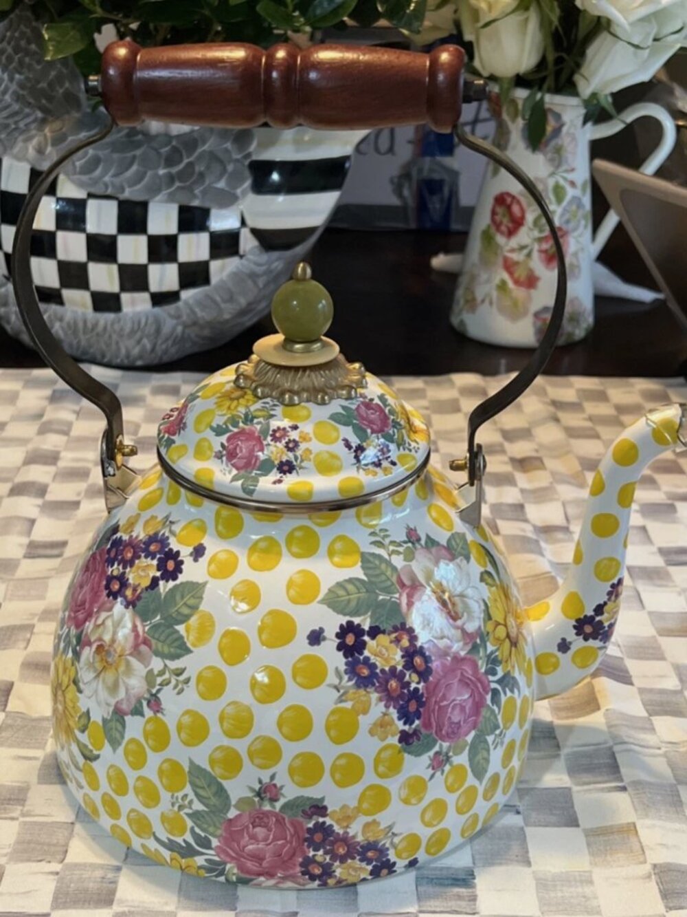 Mackenzie-Childs RETIRED BUTTERCUP ENAMEL Tea Pot Tea Kettle NEW 3 QUART 3 QT